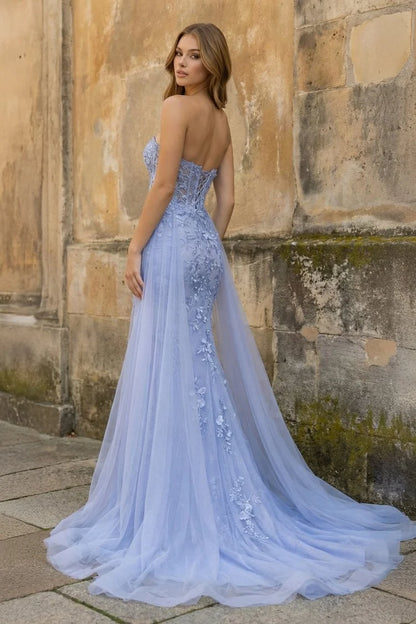Lavender Lace and Tulle Mermaid Sweetheart Illusion Back Floor Length Dress Back View - Aabei Dress