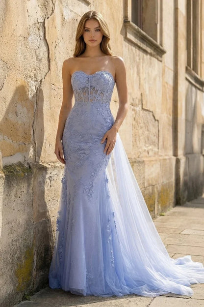 Lavender Lace and Tulle Mermaid Sweetheart Illusion Back Floor Length Dress Front View - Aabei Dress