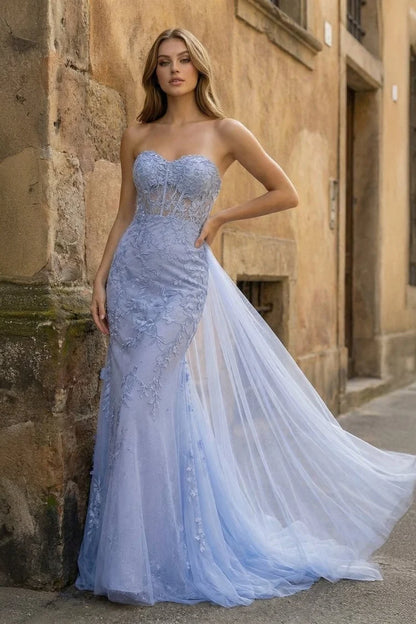 Lavender Lace and Tulle Mermaid Sweetheart Illusion Back Floor Length Dress - Aabei Dress