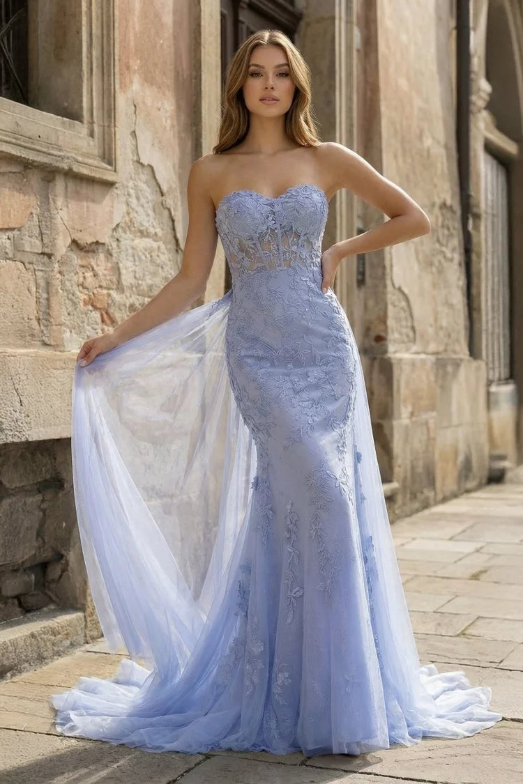 Lavender Lace and Tulle Mermaid Sweetheart Illusion Back Floor Length Dress - Aabei Dress