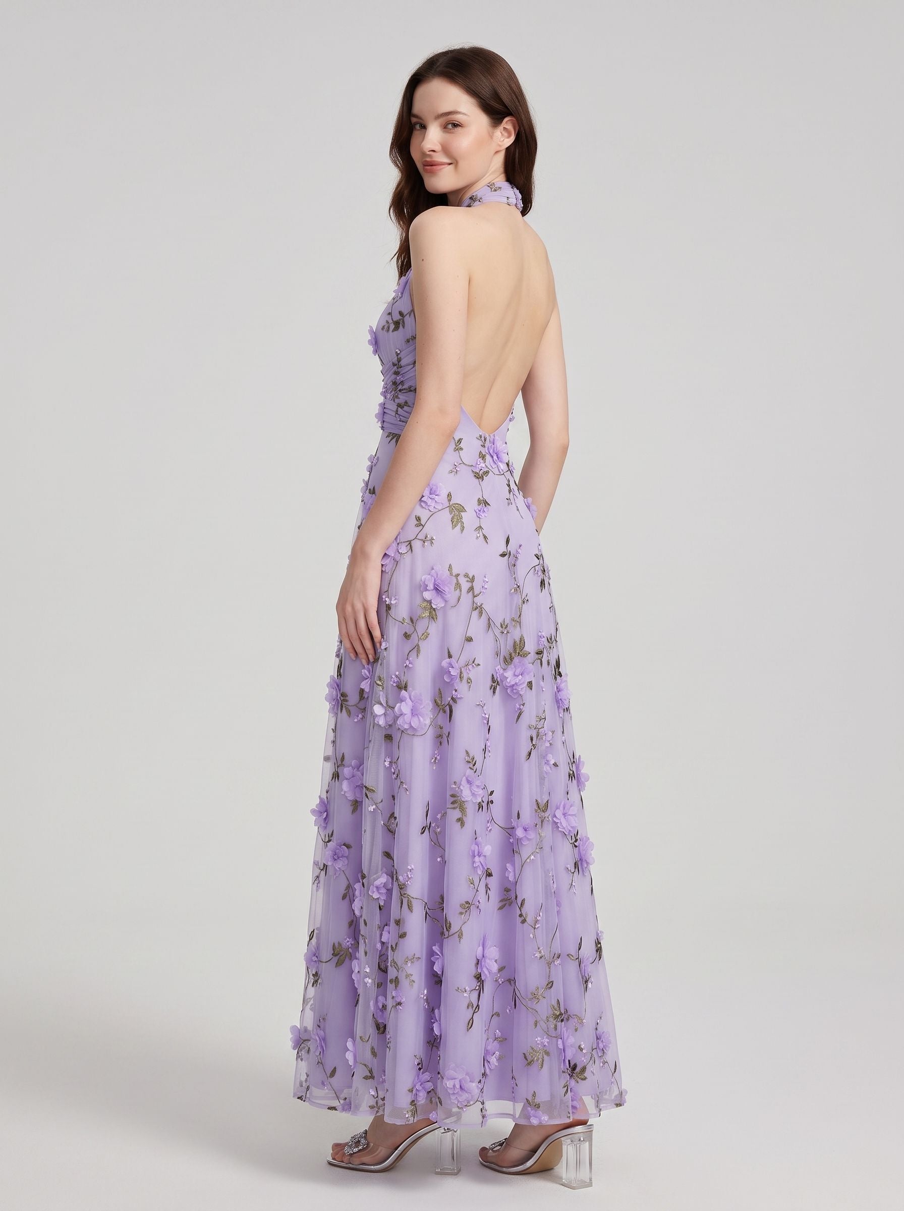 Lavender Tulle A-Line Halter Open Back Floor-Length Dress Back View - Aabei Dress