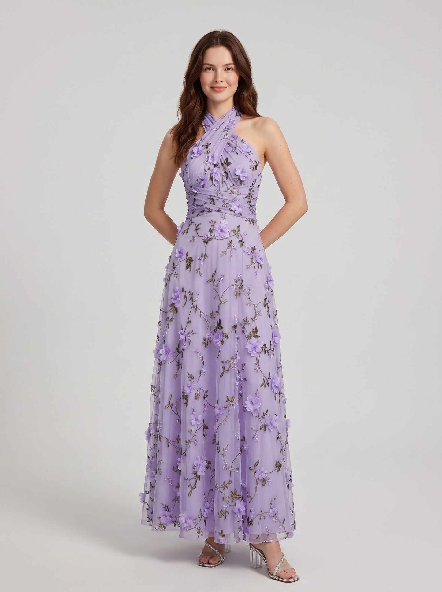 Lavender Tulle A-Line Halter Open Back Floor-Length Dress - Aabei Dress