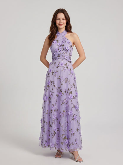 Lavender Tulle A-Line Halter Open Back Floor-Length Dress - Aabei Dress