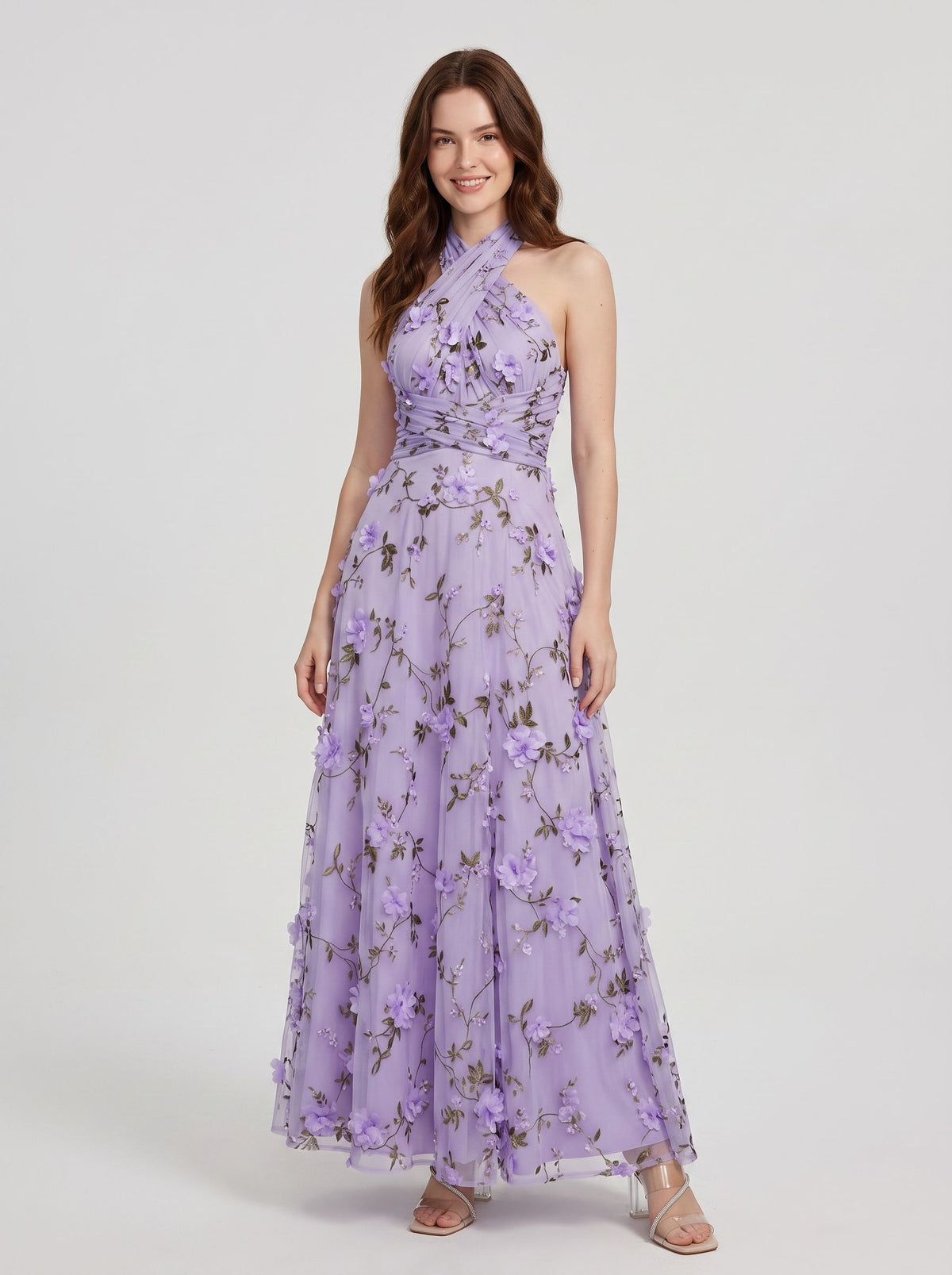 Lavender Tulle A-Line Halter Open Back Floor-Length Dress - Aabei Dress