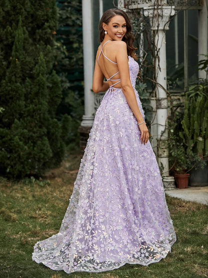 Lavender Tulle A-Line Square Neck Criss-Cross Straps Floor-Length Dress Back View - Aabei Dress