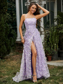 Lavender Tulle A-Line Square Neck Criss-Cross Straps Floor-Length Dress Front View - Aabei Dress