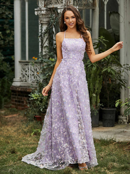 Lavender Tulle A-Line Square Neck Criss-Cross Straps Floor-Length Dress - Aabei Dress