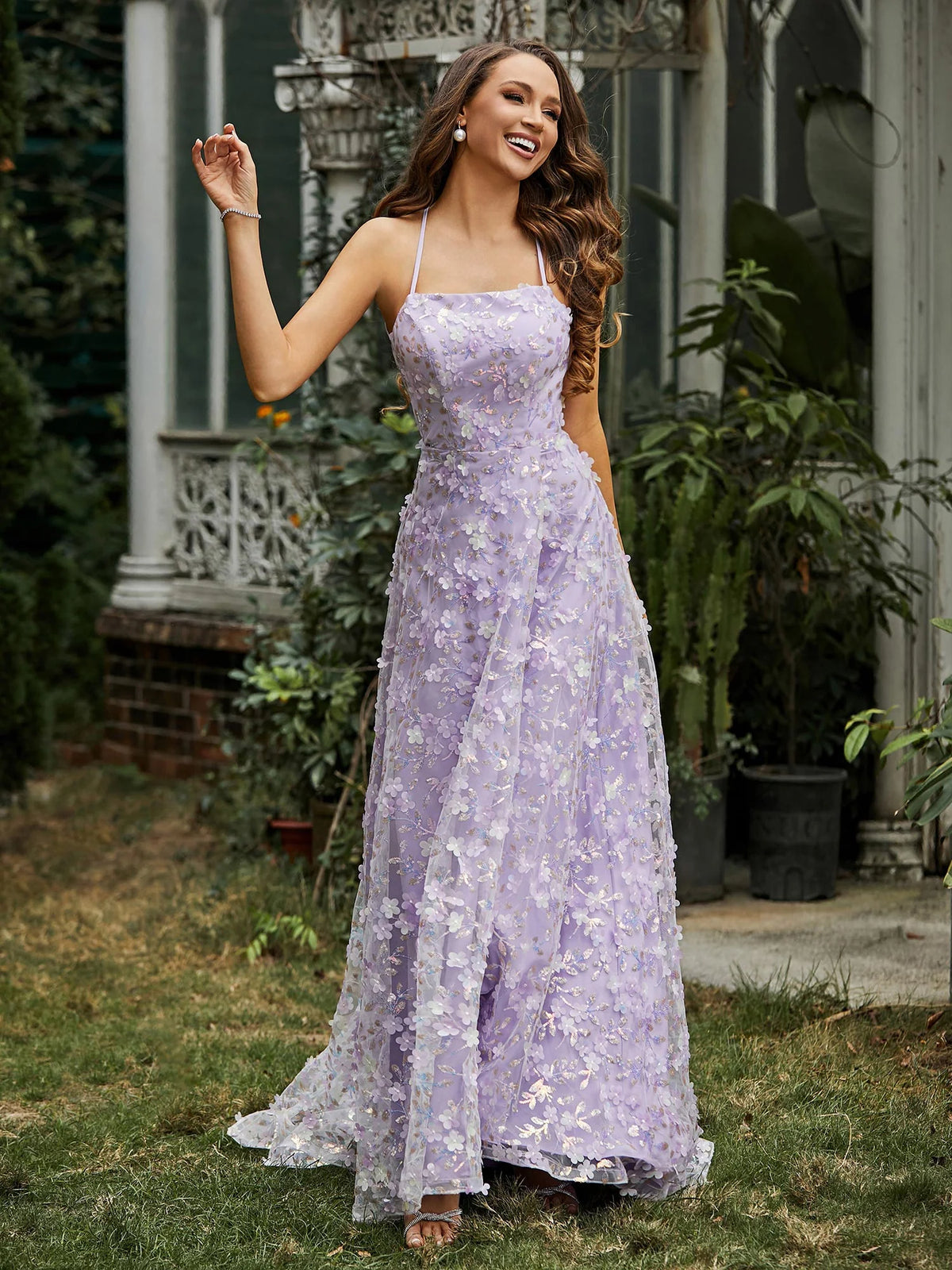 Lavender Tulle A-Line Square Neck Criss-Cross Straps Floor-Length Dress - Aabei Dress