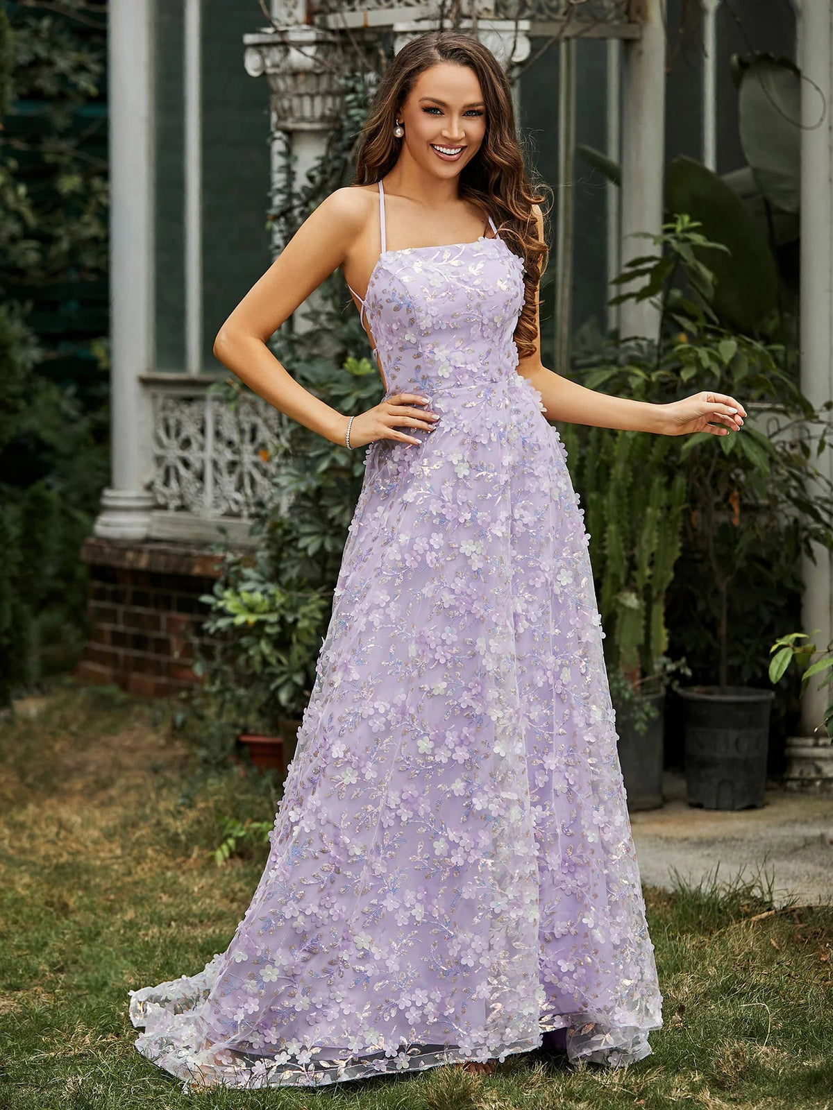 Lavender Tulle A-Line Square Neck Criss-Cross Straps Floor-Length Dress - Aabei Dress