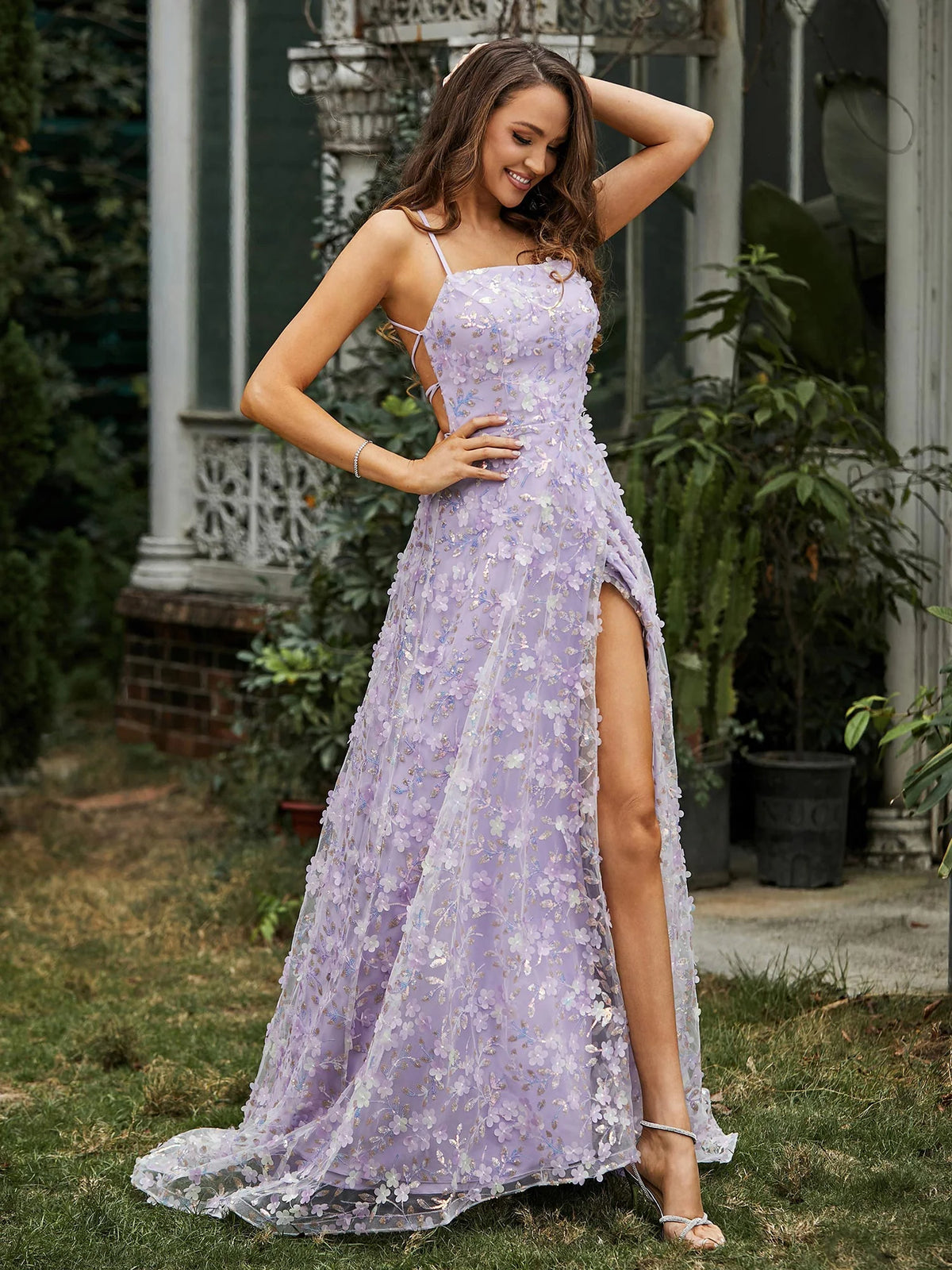 Lavender Tulle A-Line Square Neck Criss-Cross Straps Floor-Length Dress - Aabei Dress