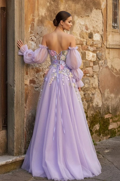 Lavender Tulle A-Line Sweetheart Lace-up Back Floor-Length Dress Back View - Aabei Dress