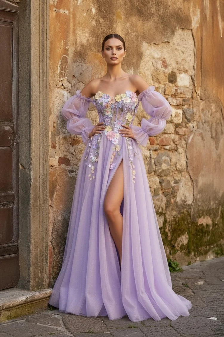 Lavender Tulle A-Line Sweetheart Lace-up Back Floor-Length Dress Front View - Aabei Dress