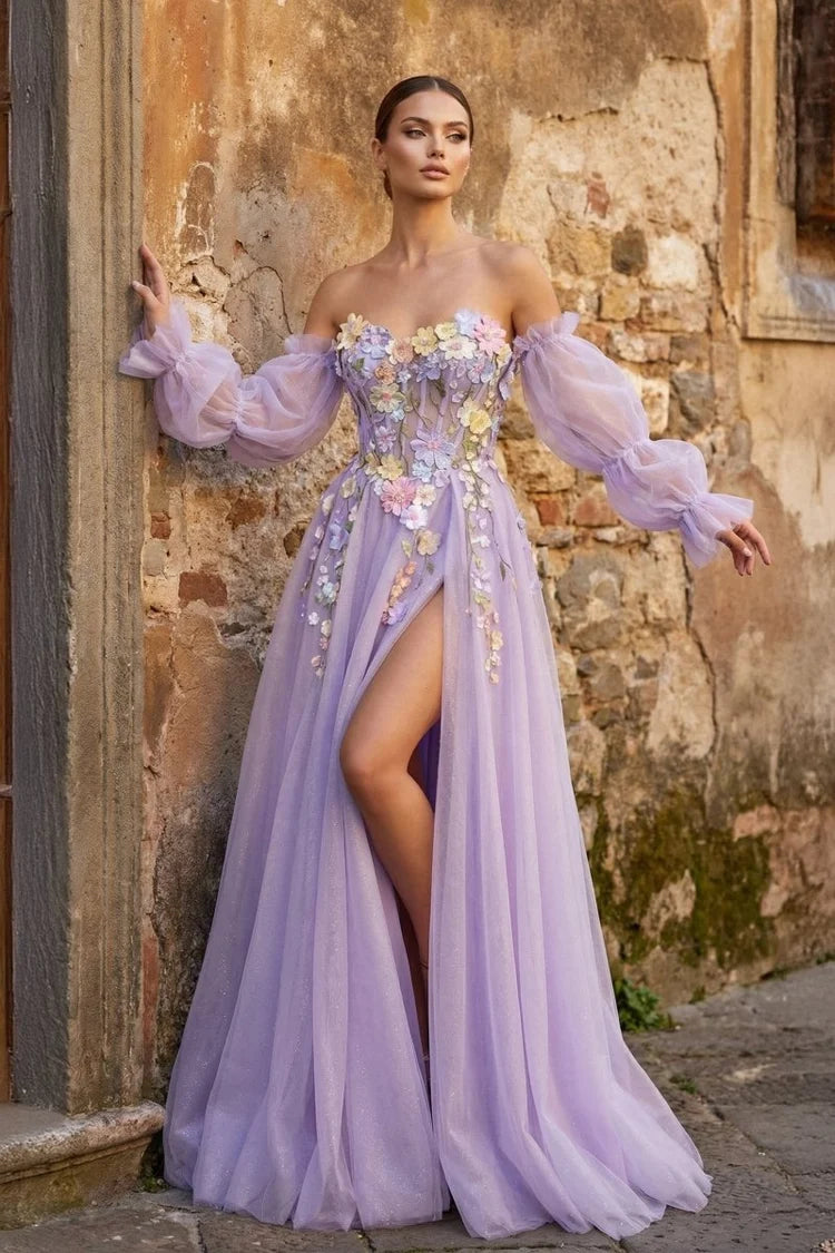 Lavender Tulle A-Line Sweetheart Lace-up Back Floor-Length Dress - Aabei Dress