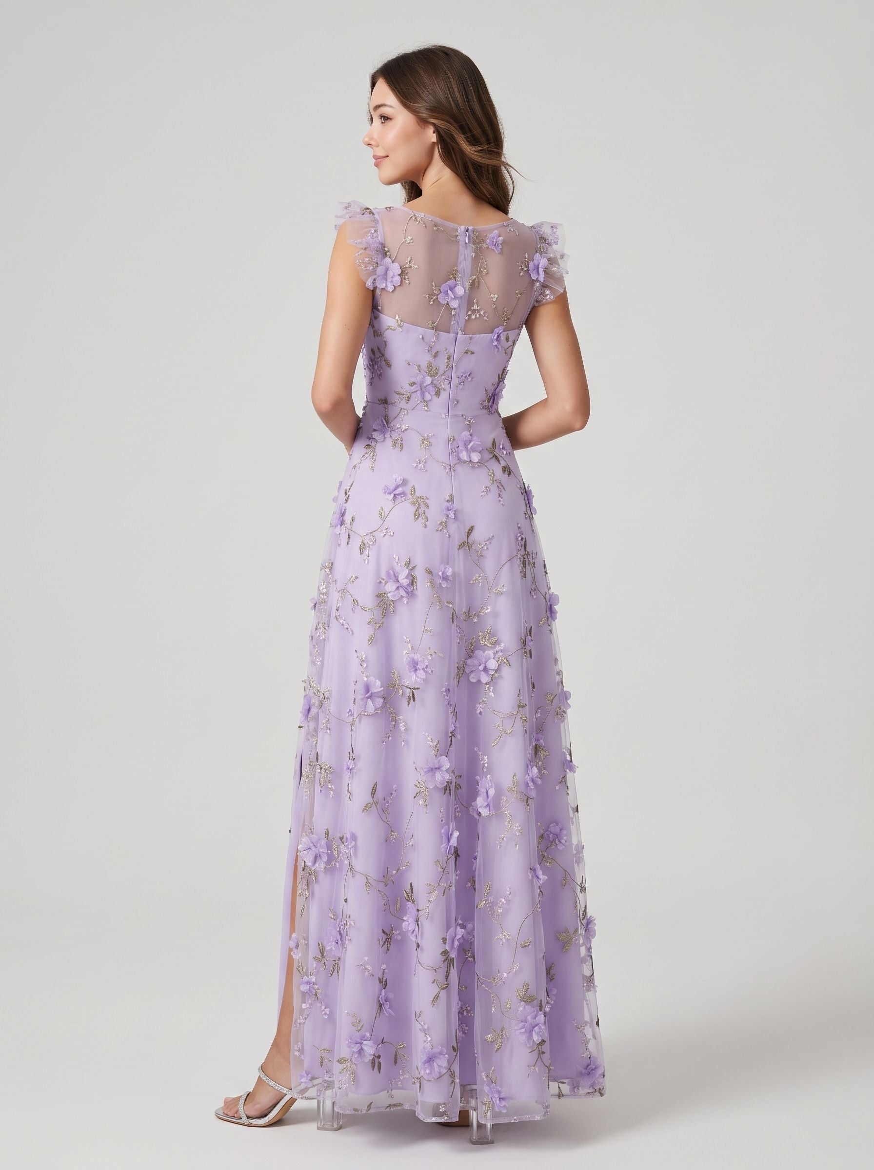 Lavender Tulle A-Line V-neck Floor Length Dress Back View - Aabei Dress