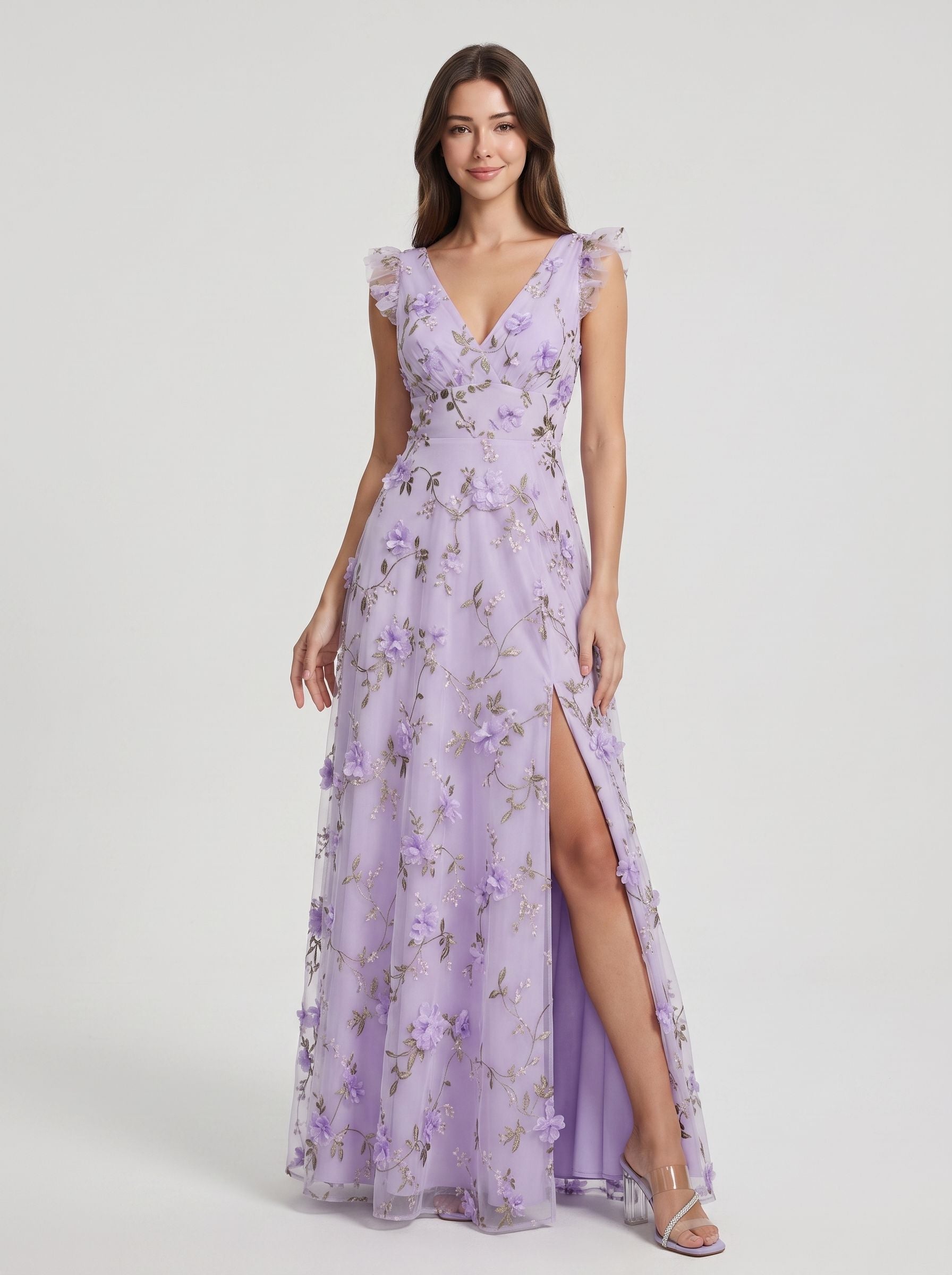 Lavender Tulle A-Line V-neck Floor Length Dress Front View - Aabei Dress