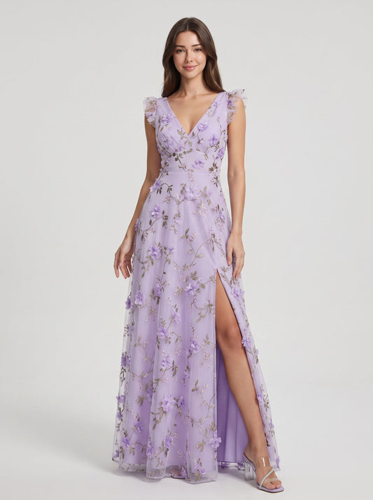 Lavender Tulle A-Line V-neck Floor Length Dress Front View - Aabei Dress