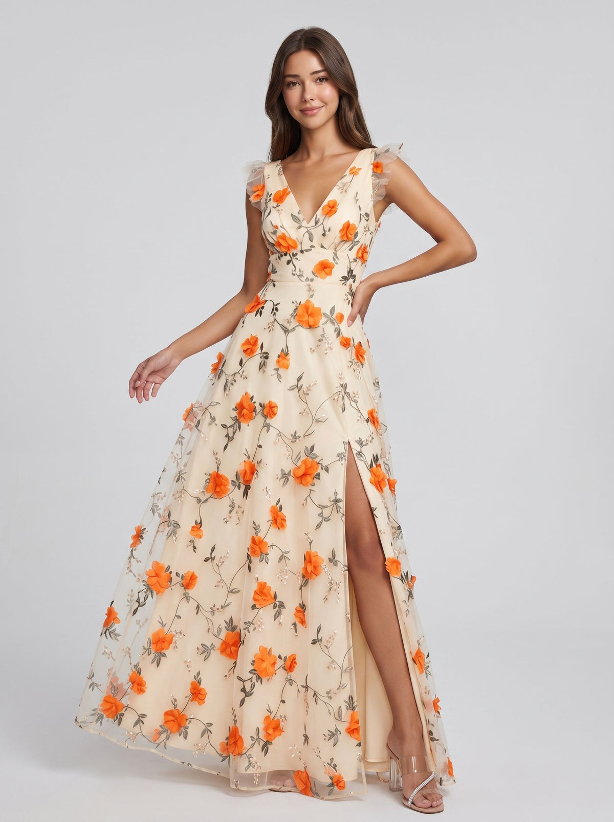 Lavender Tulle A-Line V-neck Floor Length Dress - Aabei Dress