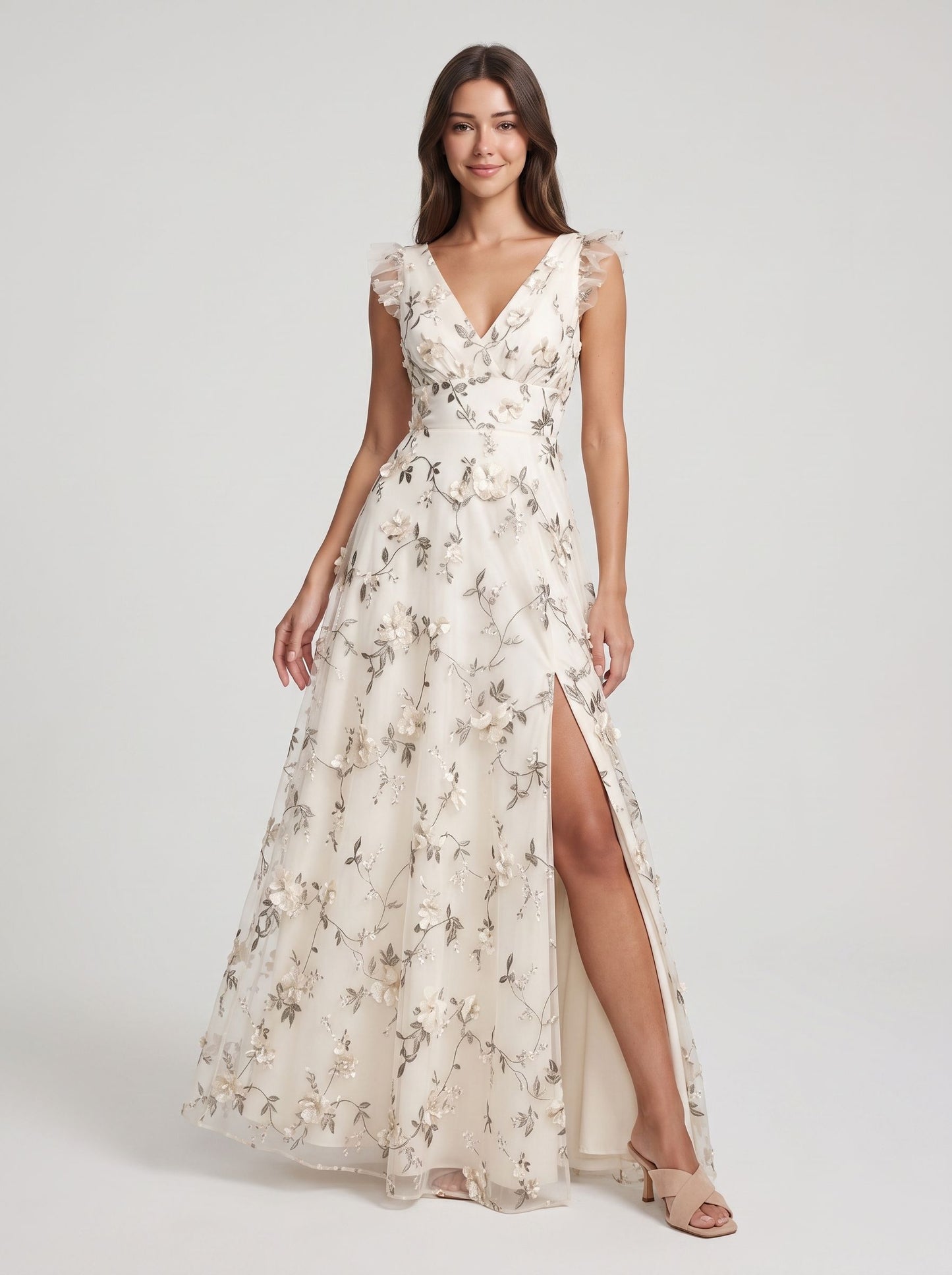 Lavender Tulle A-Line V-neck Floor Length Dress - Aabei Dress
