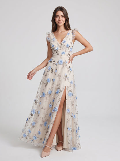 Lavender Tulle A-Line V-neck Floor Length Dress - Aabei Dress