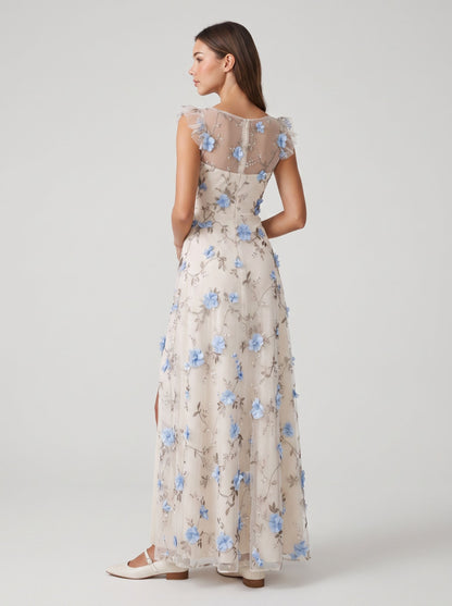 Lavender Tulle A-Line V-neck Floor Length Dress - Aabei Dress