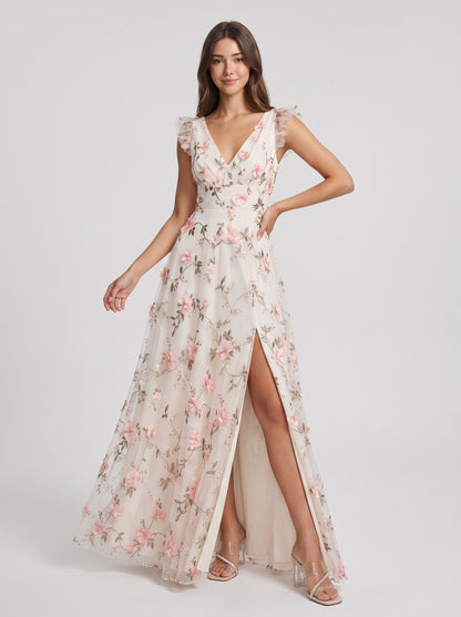 Lavender Tulle A-Line V-neck Floor Length Dress - Aabei Dress