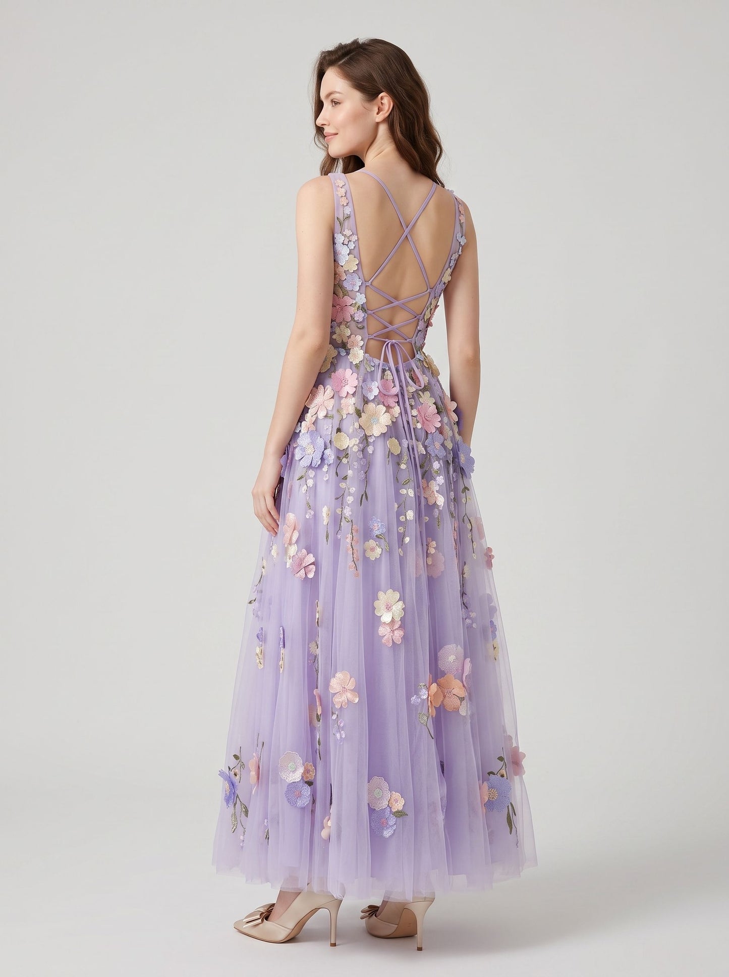 Lavender Tulle A-Line V-Neck Lace-Up Back Floor-Length Dress Back View - Aabei Dress