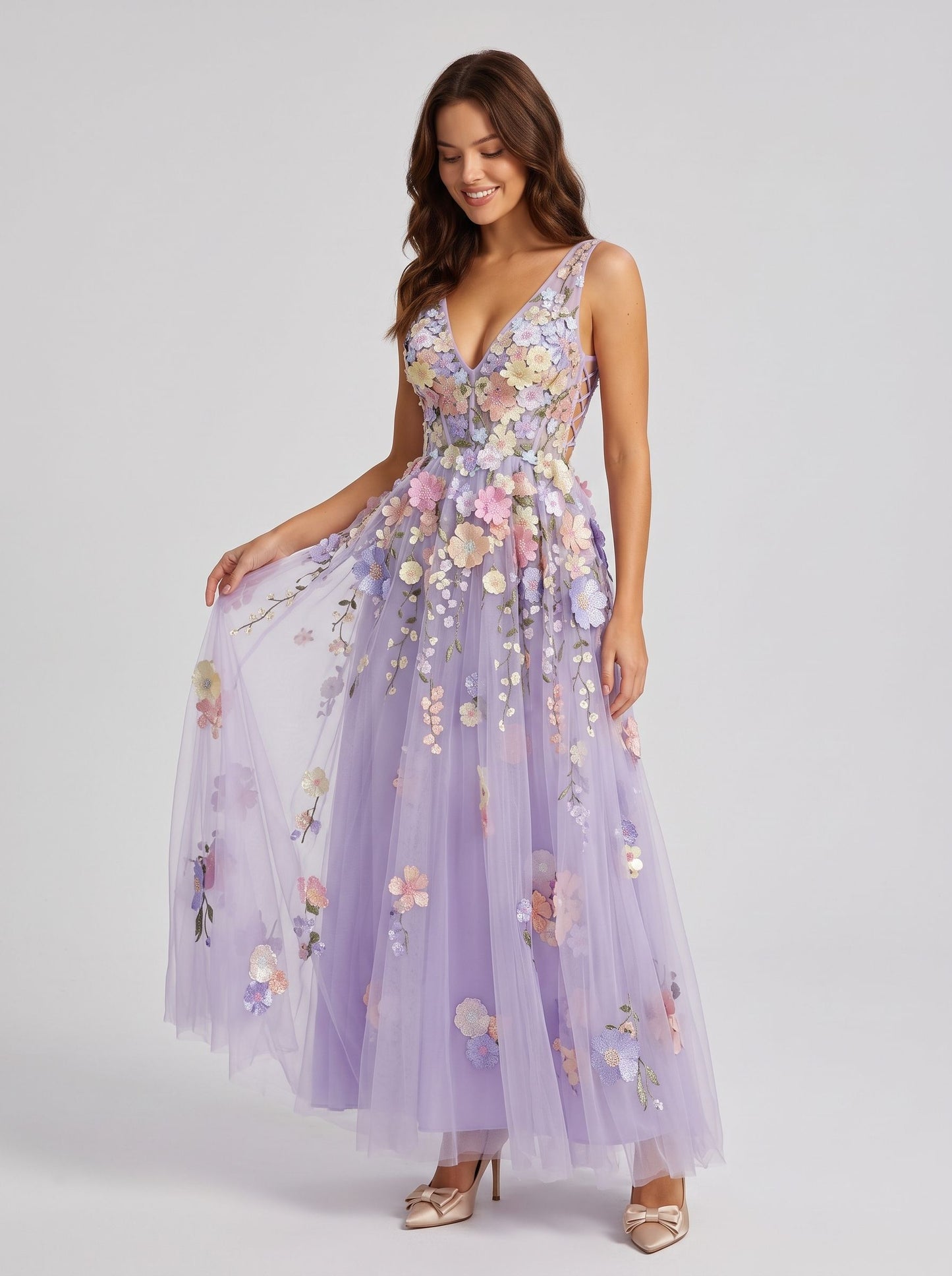 Lavender Tulle A-Line V-Neck Lace-Up Back Floor-Length Dress - Aabei Dress