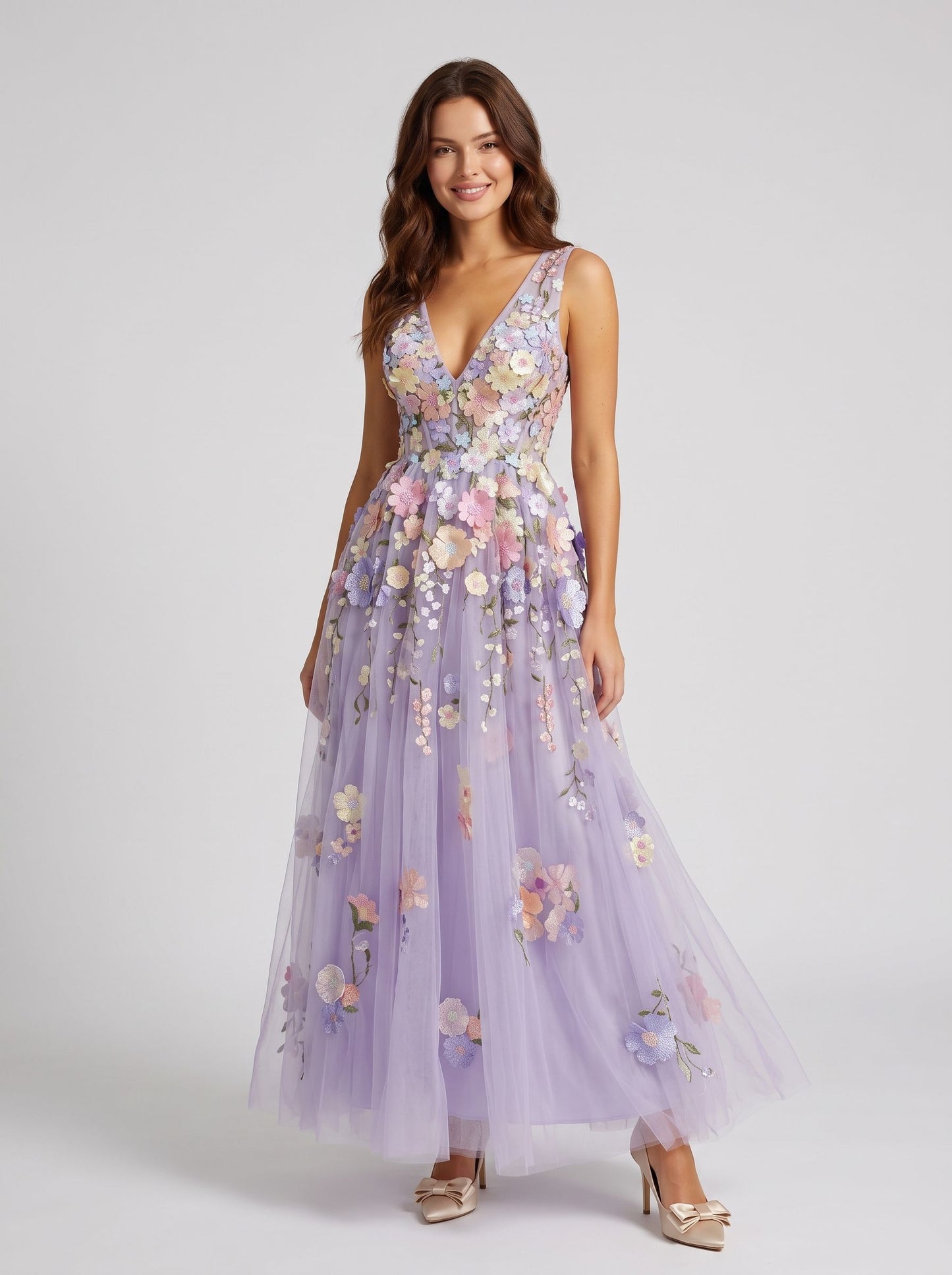 Lavender Tulle A-Line V-Neck Lace-Up Back Floor-Length Dress - Aabei Dress