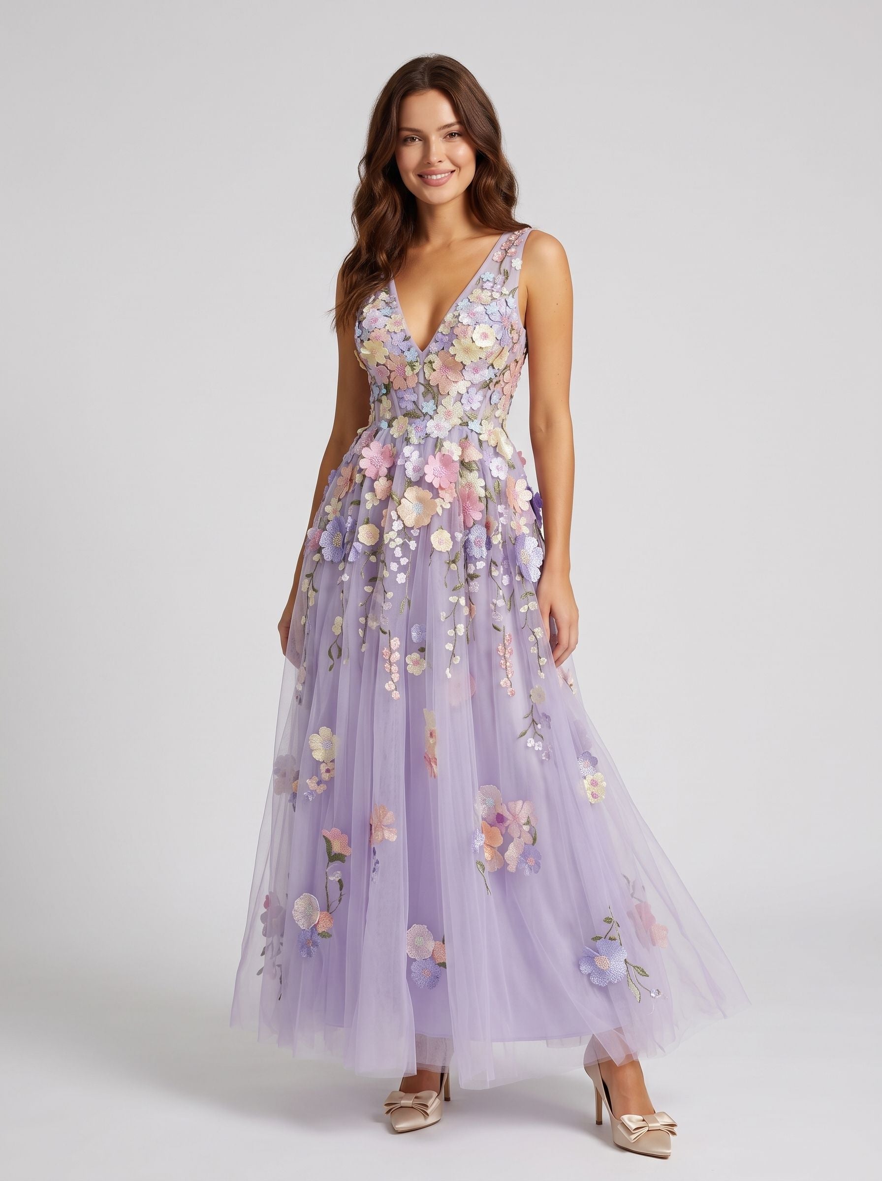 Lavender Tulle A-Line V-Neck Lace-Up Back Floor-Length Dress - Aabei Dress
