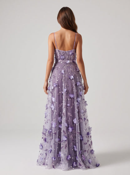 Lavender Tulle and Mesh A-Line Scoop Neck Floor-Length Dress - Aabei Dress