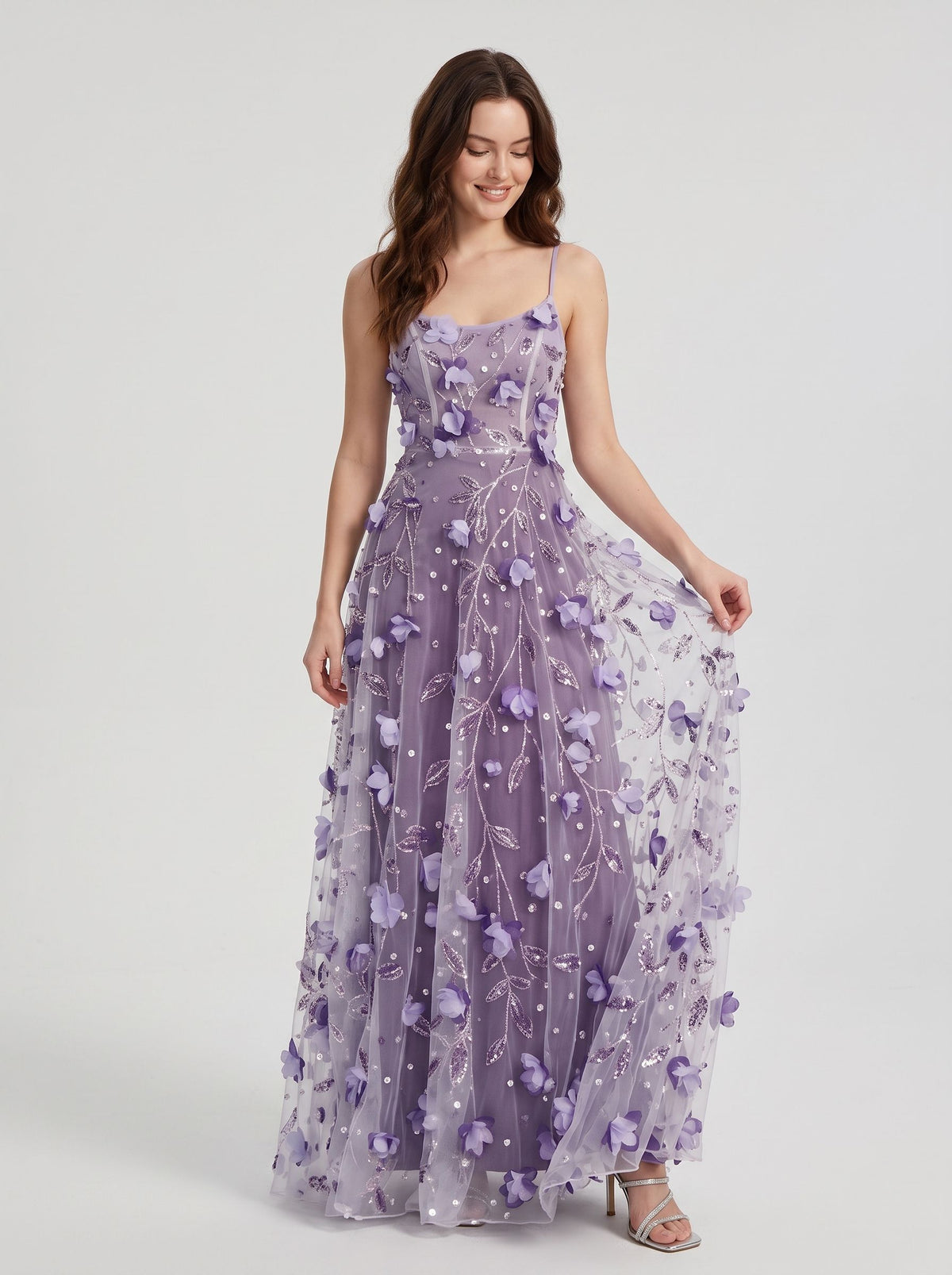 Lavender Tulle and Mesh A-Line Scoop Neck Floor-Length Dress - Aabei Dress