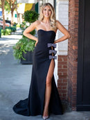 Black Strapless Mermaid Prom Dress Rhinestone Bows Lace Up Back Formal Gown