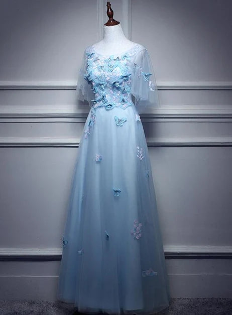 Light Blue Tulle A Line Prom Dress 3D Butterfly Floral Appliques Flutter Sleeves