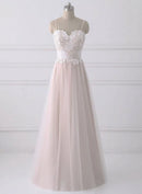 Blush Spaghetti Strap Sweetheart Lace Tulle A Line Bridesmaid Dress
