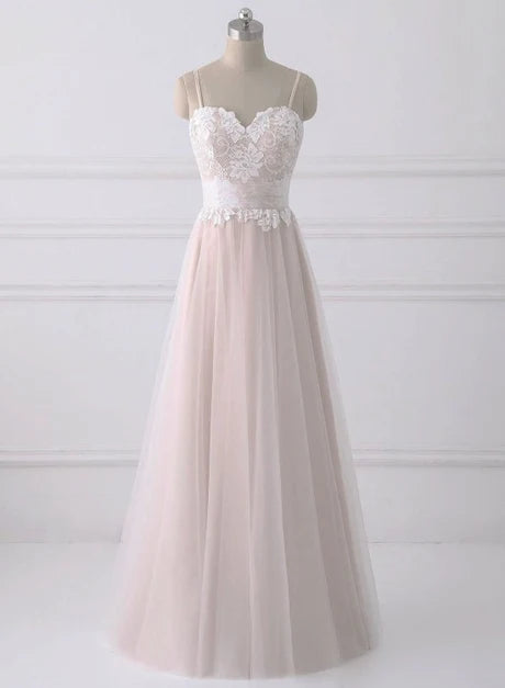Blush Spaghetti Strap Sweetheart Lace Tulle A Line Bridesmaid Dress