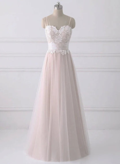 Blush Spaghetti Strap Sweetheart Lace Tulle A Line Bridesmaid Dress
