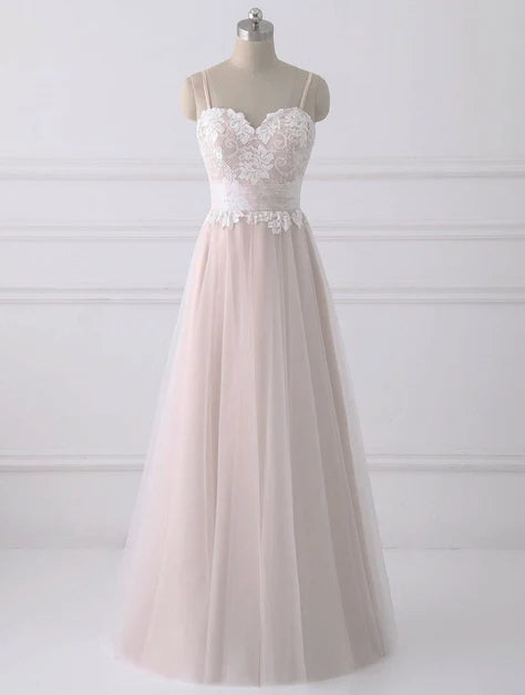Blush Spaghetti Strap Sweetheart Lace Tulle A Line Bridesmaid Dress