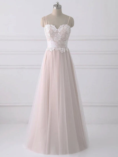 Blush Spaghetti Strap Sweetheart Lace Tulle A Line Bridesmaid Dress