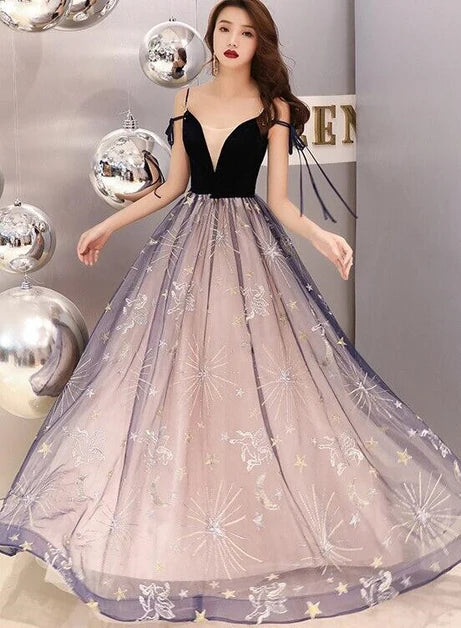 Black Velvet V Neck Spaghetti Strap Star Moon Tulle Prom Dress