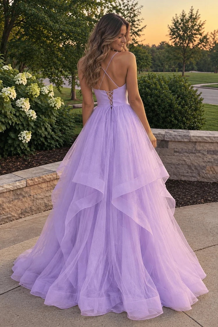 Lavender Spaghetti Strap A-Line Glitter Tulle Prom Dress V-Neck Ruffled Skirt Lace-Up Cross Back Formal Gown