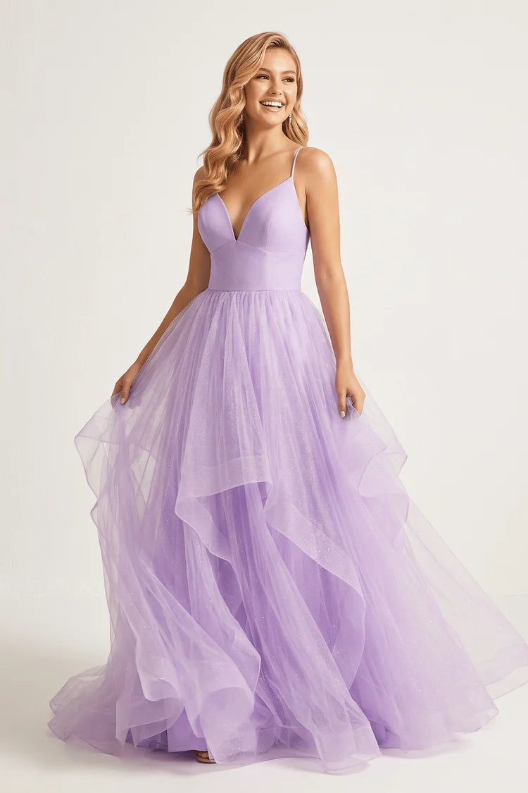 Lavender Spaghetti Strap A-Line Glitter Tulle Prom Dress V-Neck Ruffled Skirt Lace-Up Cross Back Formal Gown