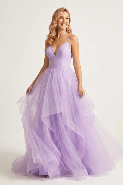 Lavender Spaghetti Strap A-Line Glitter Tulle Prom Dress V-Neck Ruffled Skirt Lace-Up Cross Back Formal Gown