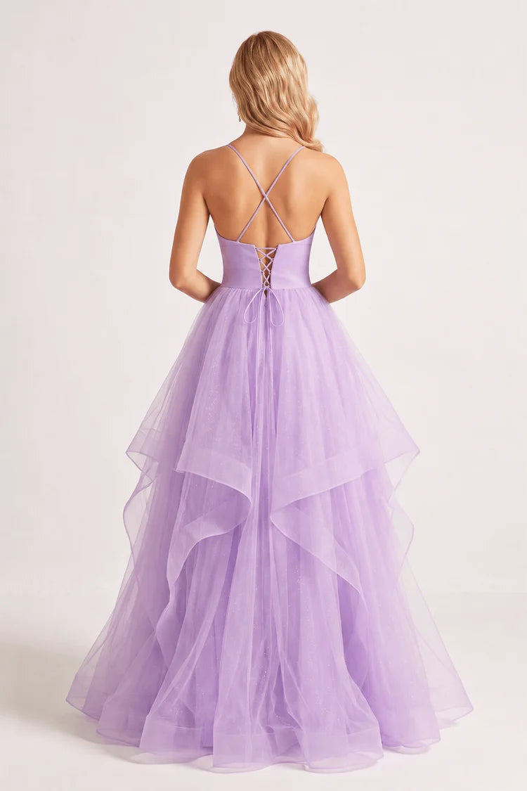 Lavender Spaghetti Strap A-Line Glitter Tulle Prom Dress V-Neck Ruffled Skirt Lace-Up Cross Back Formal Gown