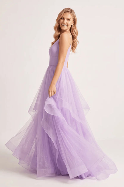Lavender Spaghetti Strap A-Line Glitter Tulle Prom Dress V-Neck Ruffled Skirt Lace-Up Cross Back Formal Gown