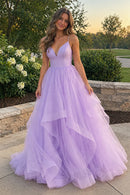 Lavender Spaghetti Strap A-Line Glitter Tulle Prom Dress V-Neck Ruffled Skirt Lace-Up Cross Back Formal Gown