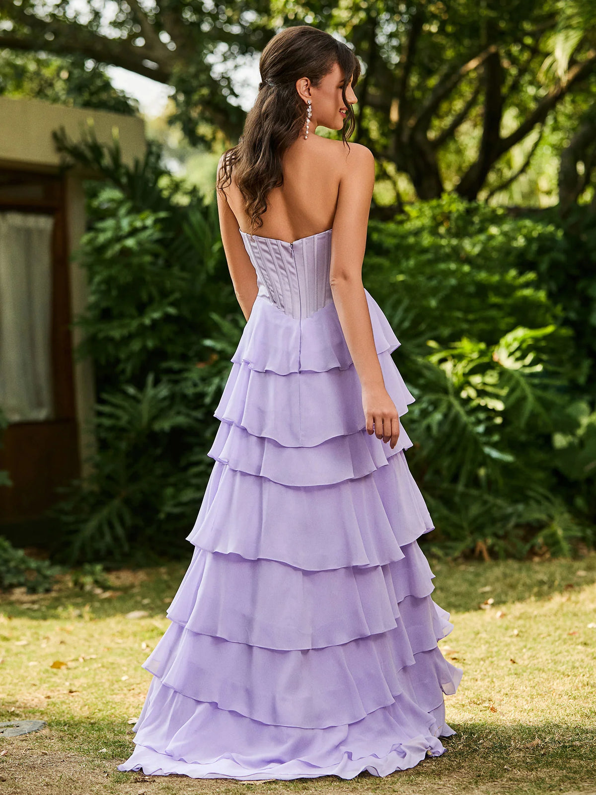 Lilac Chiffon Tiered Sweetheart Zipper-Back Floor-Length Dress Back View - Aabei Dress