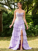 Lilac Chiffon Tiered Sweetheart Zipper-Back Floor-Length Dress Front View - Aabei Dress