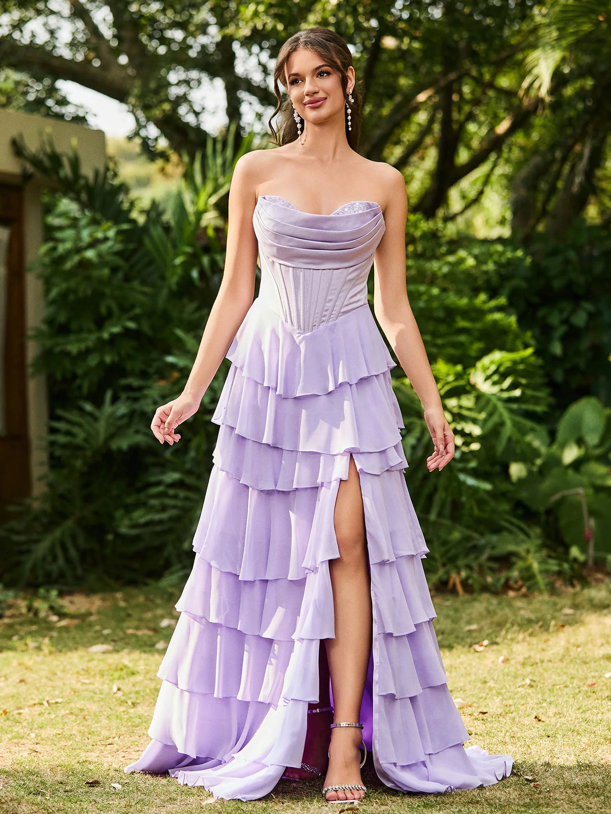Lilac Chiffon Tiered Sweetheart Zipper-Back Floor-Length Dress Front View - Aabei Dress