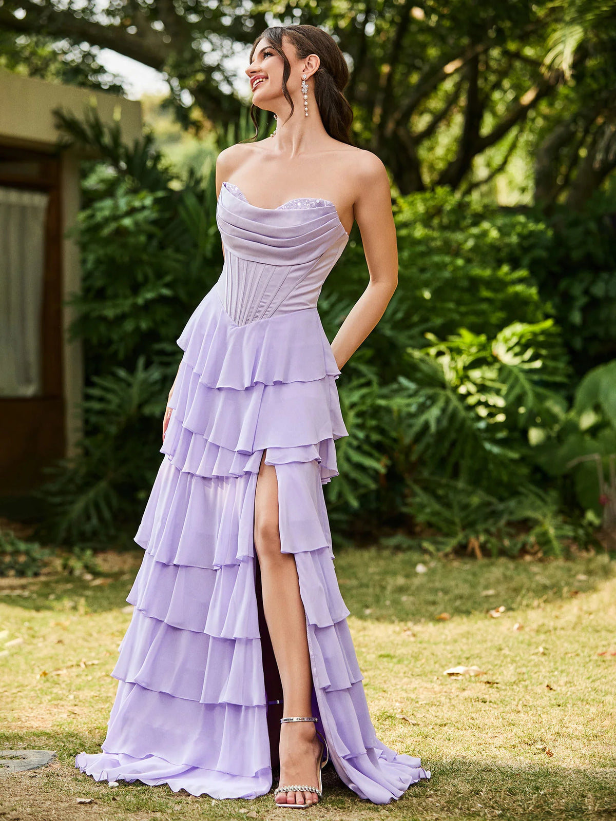 Lilac Chiffon Tiered Sweetheart Zipper-Back Floor-Length Dress - Aabei Dress