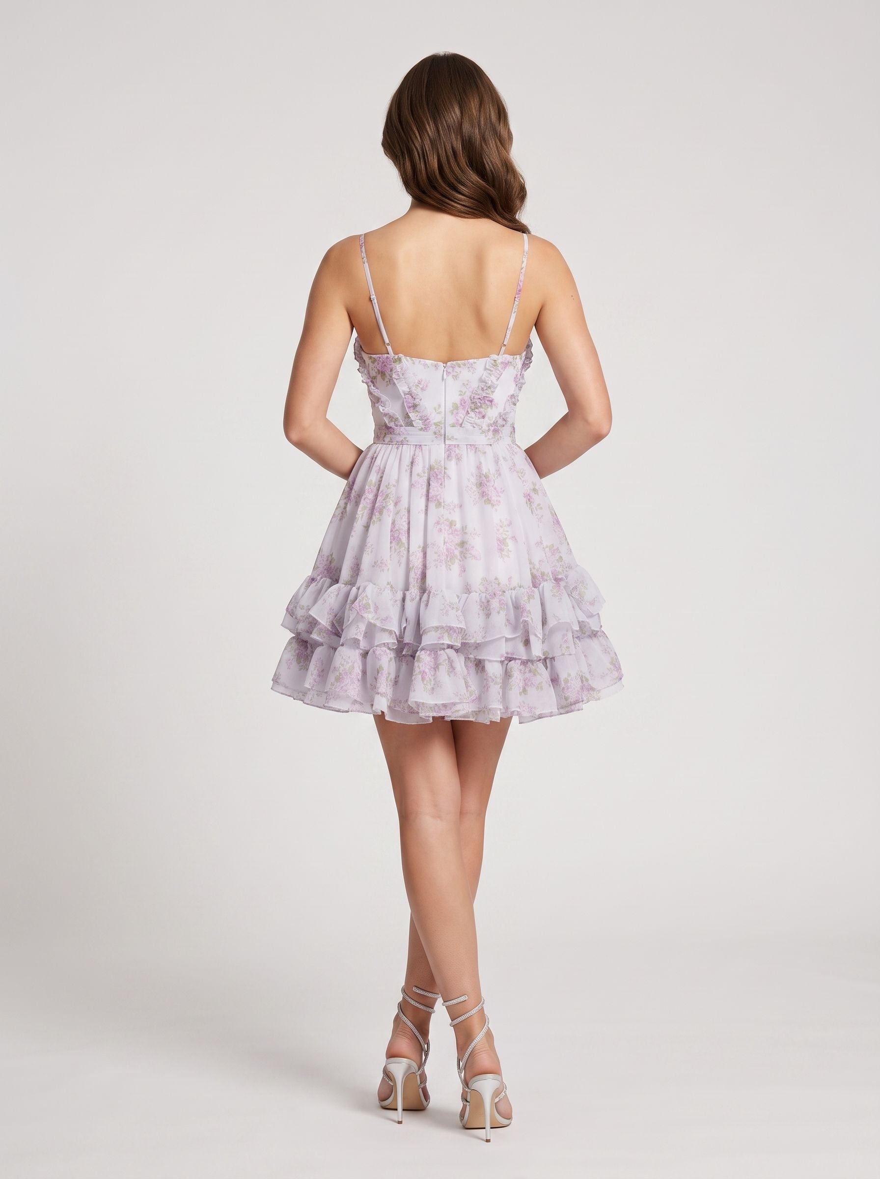 Lilac Floral Chiffon tiered sweetheart zipper-back mini Dress Back View - Aabei Dress